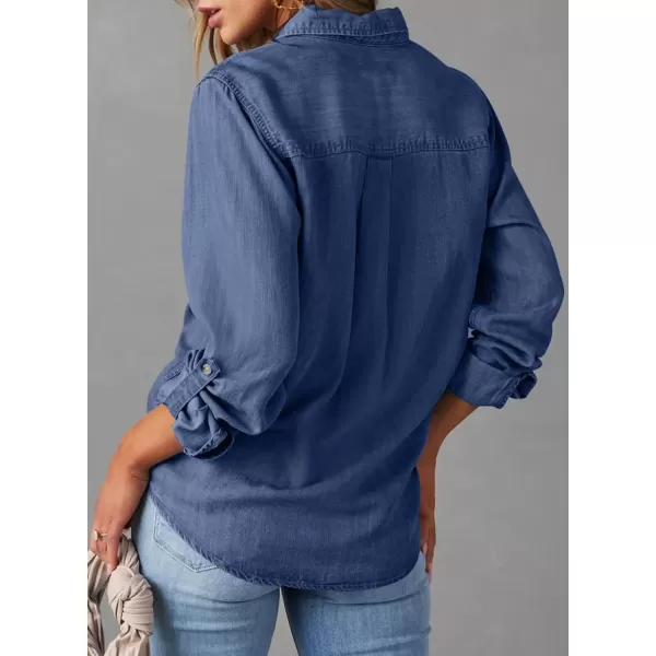 imageAstylish Women Button Down Denim Shirt Casual Long Sleeve V Neck Chambray Blouse TopsZ Ashleigh Blue