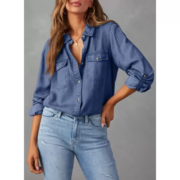 imageAstylish Women Button Down Denim Shirt Casual Long Sleeve V Neck Chambray Blouse TopsZ Ashleigh Blue