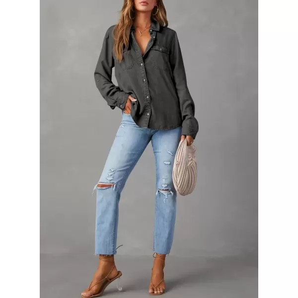 imageAstylish Women Button Down Denim Shirt Casual Long Sleeve V Neck Chambray Blouse TopsZ Medium Grey