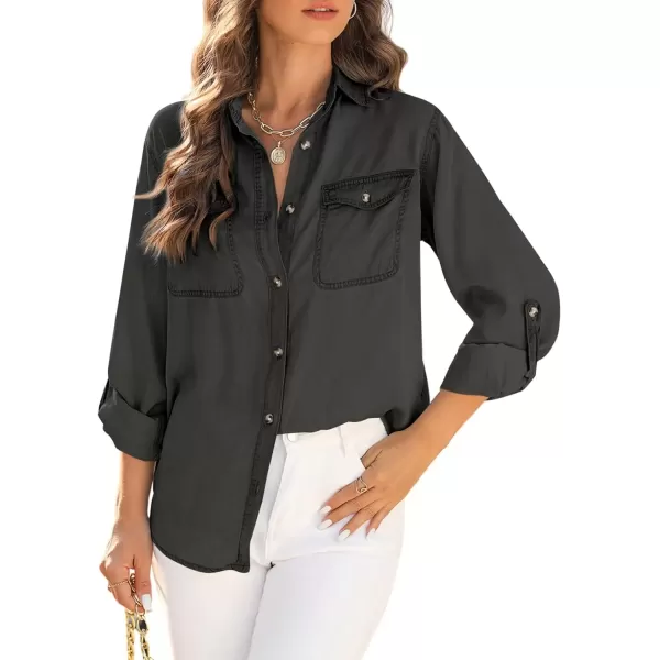 imageAstylish Women Button Down Denim Shirt Casual Long Sleeve V Neck Chambray Blouse TopsZ Medium Grey