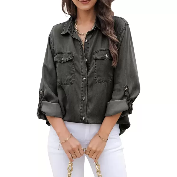 imageAstylish Women Button Down Denim Shirt Casual Long Sleeve V Neck Chambray Blouse TopsZ Medium Grey