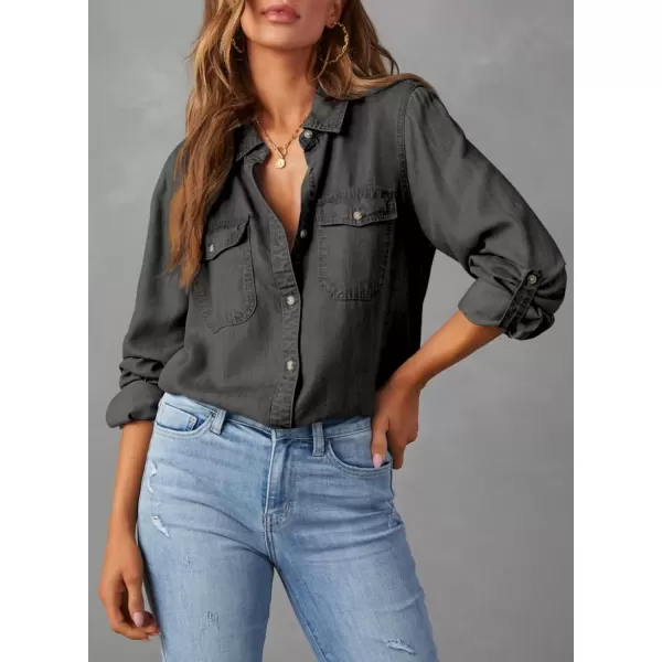 imageAstylish Women Button Down Denim Shirt Casual Long Sleeve V Neck Chambray Blouse TopsZ Medium Grey