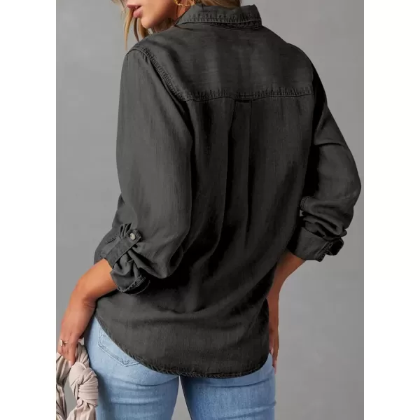 imageAstylish Women Button Down Denim Shirt Casual Long Sleeve V Neck Chambray Blouse TopsZ Medium Grey