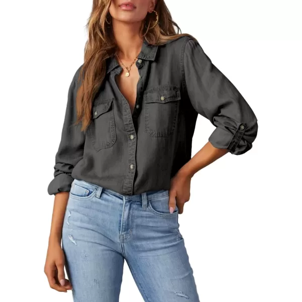 imageAstylish Women Button Down Denim Shirt Casual Long Sleeve V Neck Chambray Blouse TopsZ Medium Grey