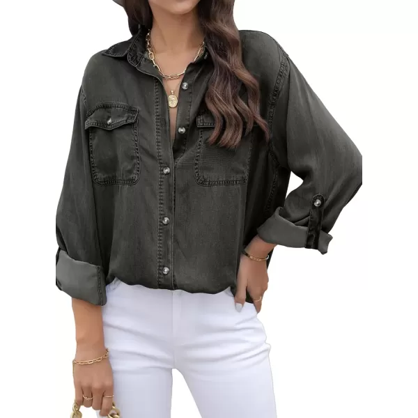imageAstylish Women Button Down Denim Shirt Casual Long Sleeve V Neck Chambray Blouse TopsZ Medium Grey