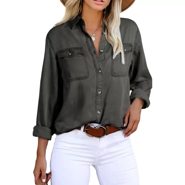 imageAstylish Women Button Down Denim Shirt Casual Long Sleeve V Neck Chambray Blouse TopsZ Medium Grey