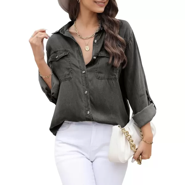 imageAstylish Women Button Down Denim Shirt Casual Long Sleeve V Neck Chambray Blouse TopsZ Medium Grey