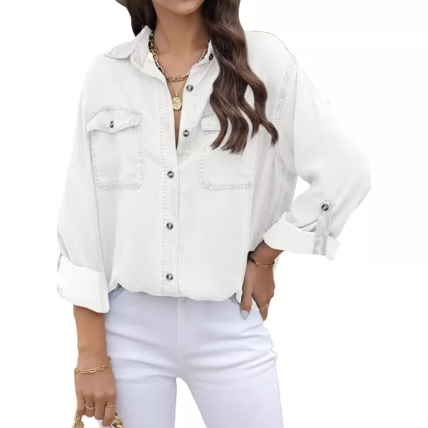imageAstylish Women Button Down Denim Shirt Casual Long Sleeve V Neck Chambray Blouse TopsZ White