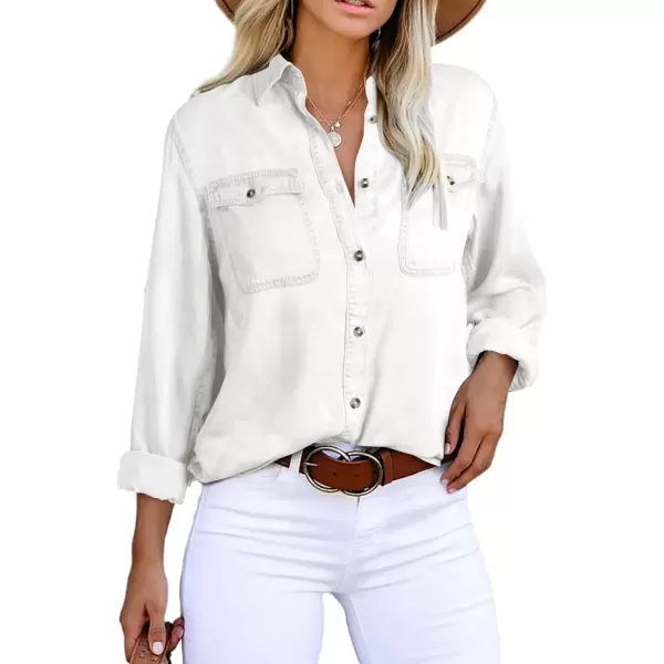 imageAstylish Women Button Down Denim Shirt Casual Long Sleeve V Neck Chambray Blouse TopsZ White