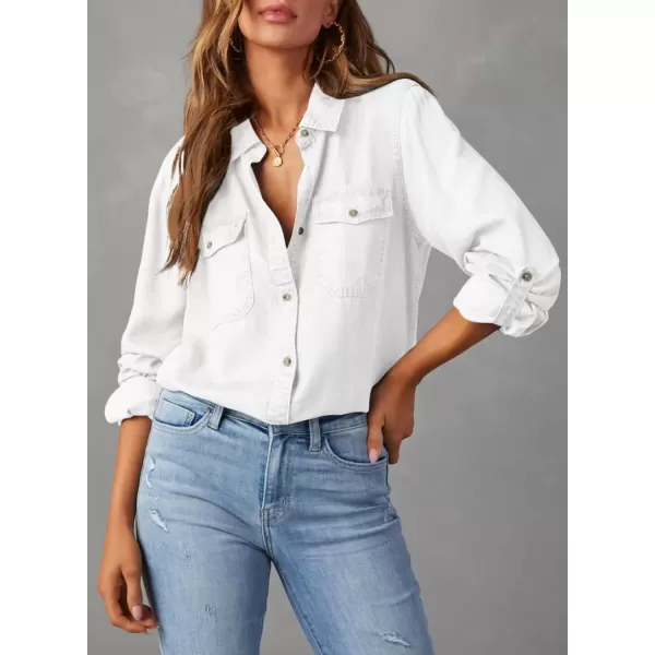 imageAstylish Women Button Down Denim Shirt Casual Long Sleeve V Neck Chambray Blouse TopsZ White