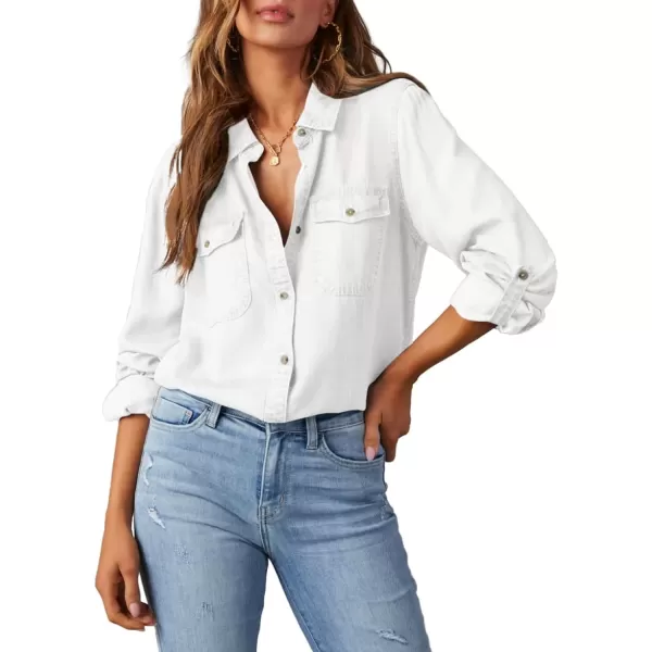 imageAstylish Women Button Down Denim Shirt Casual Long Sleeve V Neck Chambray Blouse TopsZ White