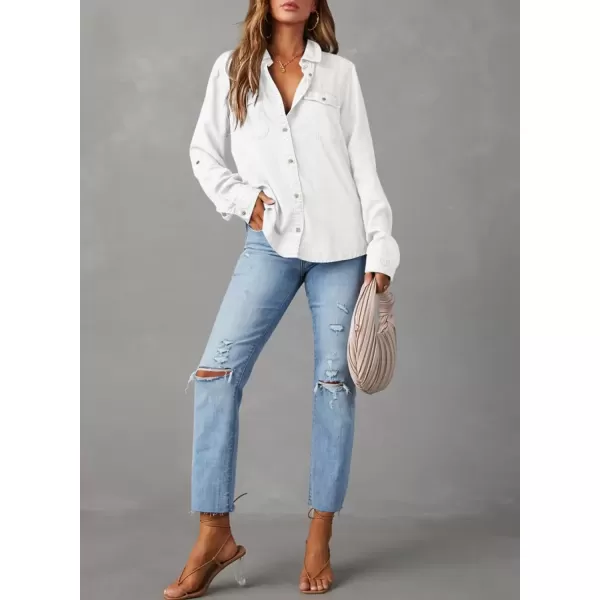 imageAstylish Women Button Down Denim Shirt Casual Long Sleeve V Neck Chambray Blouse TopsZ White