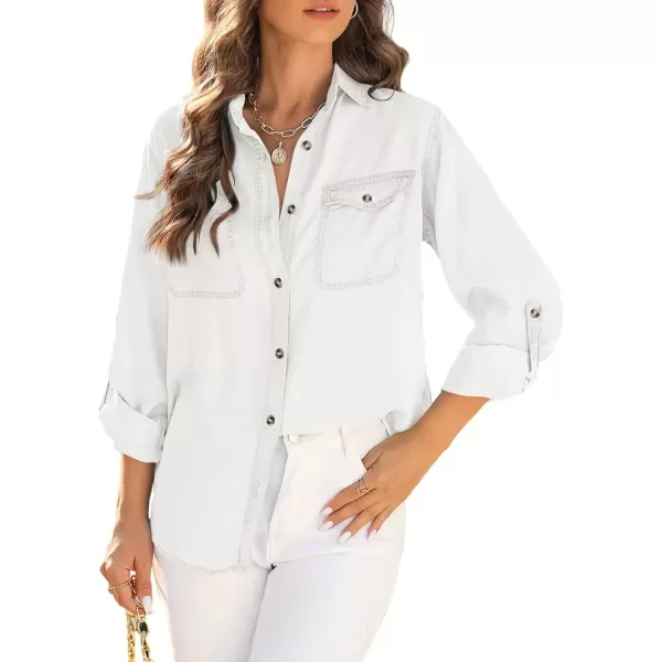 imageAstylish Women Button Down Denim Shirt Casual Long Sleeve V Neck Chambray Blouse TopsZ White