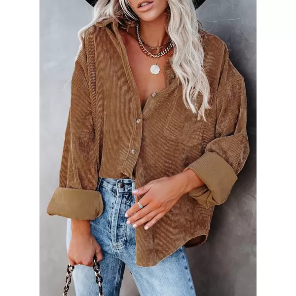 imageAstylish Women Corduroy Shirts Casual Long Sleeve Button Down Blouses TopBrown