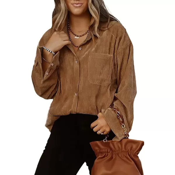 imageAstylish Women Corduroy Shirts Casual Long Sleeve Button Down Blouses TopBrown