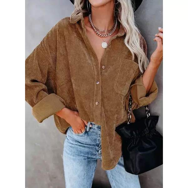 imageAstylish Women Corduroy Shirts Casual Long Sleeve Button Down Blouses TopBrown