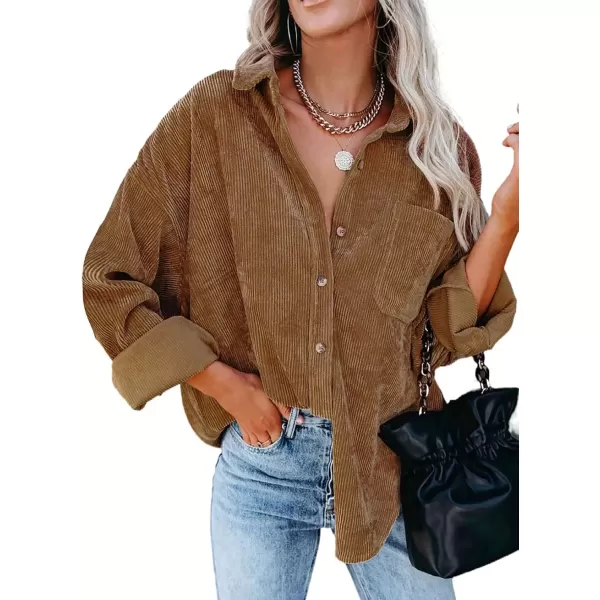 imageAstylish Women Corduroy Shirts Casual Long Sleeve Button Down Blouses TopBrown