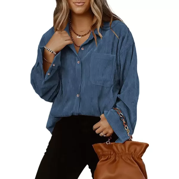 imageAstylish Women Corduroy Shirts Casual Long Sleeve Button Down Blouses TopSky Blue