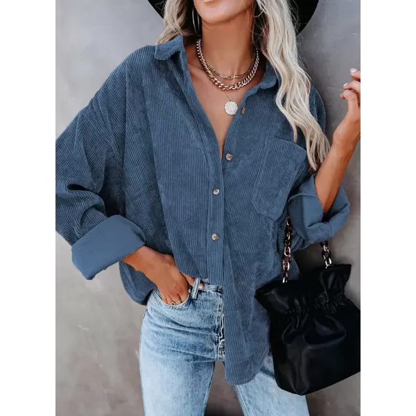 imageAstylish Women Corduroy Shirts Casual Long Sleeve Button Down Blouses TopSky Blue