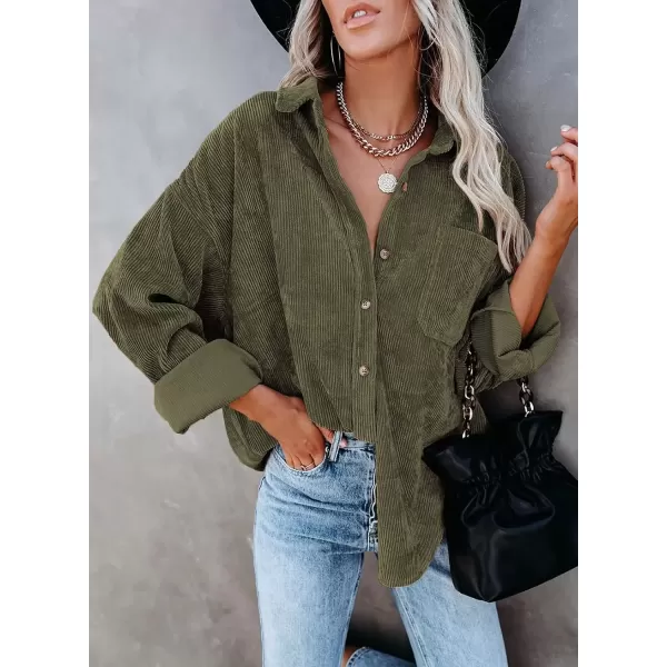 imageAstylish Women Corduroy Shirts Casual Long Sleeve Button Down Blouses TopT Green