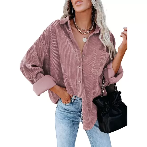 imageAstylish Women Corduroy Shirts Casual Long Sleeve Button Down Blouses TopT Pink
