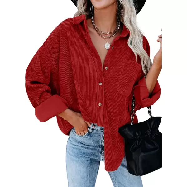 imageAstylish Women Corduroy Shirts Casual Long Sleeve Button Down Blouses TopU Bright Red