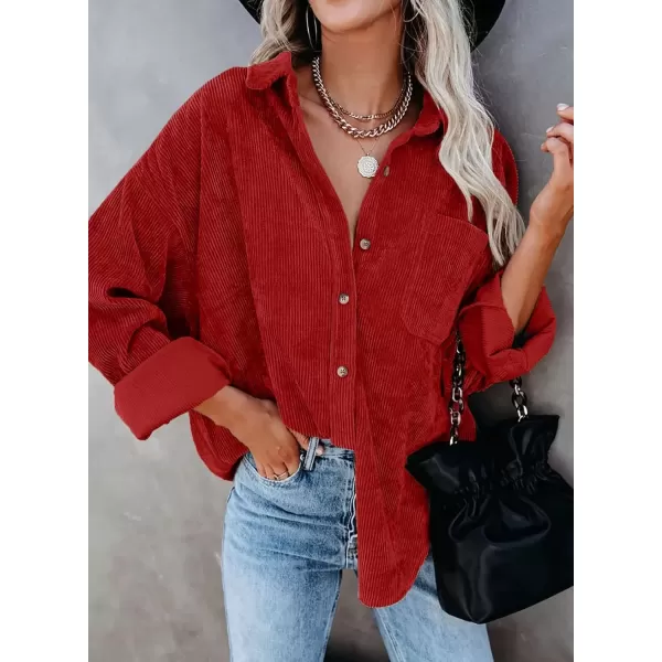 imageAstylish Women Corduroy Shirts Casual Long Sleeve Button Down Blouses TopU Bright Red