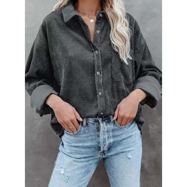 imageAstylish Women Corduroy Shirts Casual Long Sleeve Button Down Blouses TopU Dark Gray