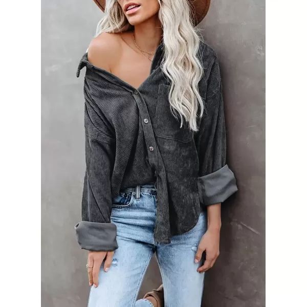 imageAstylish Women Corduroy Shirts Casual Long Sleeve Button Down Blouses TopU Dark Gray