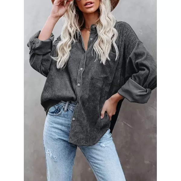 imageAstylish Women Corduroy Shirts Casual Long Sleeve Button Down Blouses TopU Dark Gray