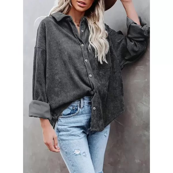 imageAstylish Women Corduroy Shirts Casual Long Sleeve Button Down Blouses TopU Dark Gray