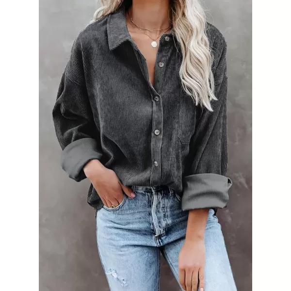 imageAstylish Women Corduroy Shirts Casual Long Sleeve Button Down Blouses TopU Dark Gray
