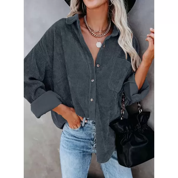 imageAstylish Women Corduroy Shirts Casual Long Sleeve Button Down Blouses TopU Deep Gray