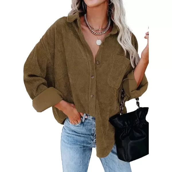 imageAstylish Women Corduroy Shirts Casual Long Sleeve Button Down Blouses TopU Khaki