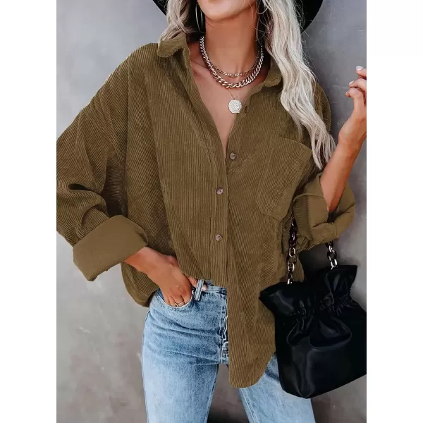 imageAstylish Women Corduroy Shirts Casual Long Sleeve Button Down Blouses TopU Khaki