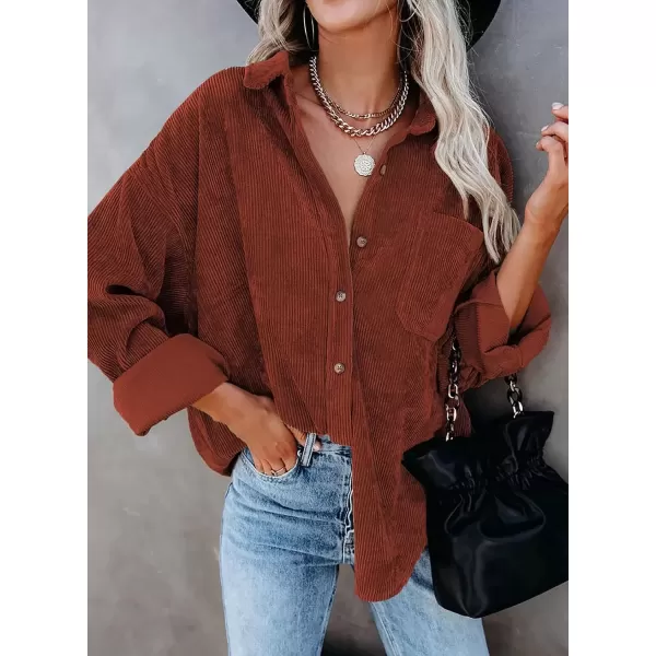 imageAstylish Women Corduroy Shirts Casual Long Sleeve Button Down Blouses TopU Red