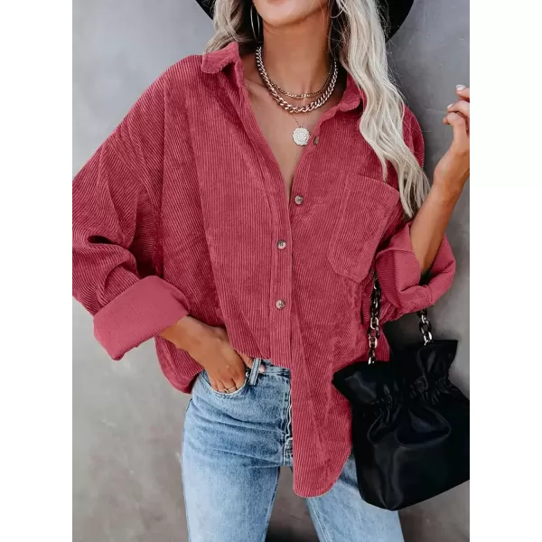 imageAstylish Women Corduroy Shirts Casual Long Sleeve Button Down Blouses TopU Rose