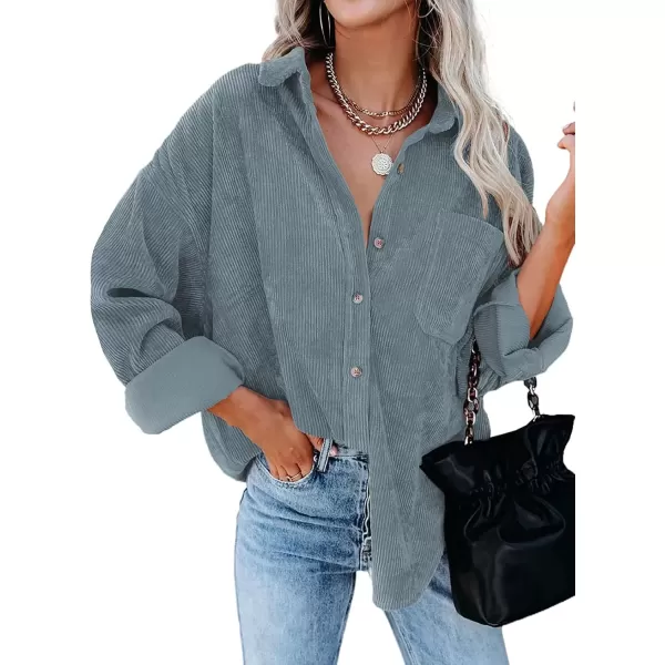 imageAstylish Women Corduroy Shirts Casual Long Sleeve Button Down Blouses TopU Sky Blue