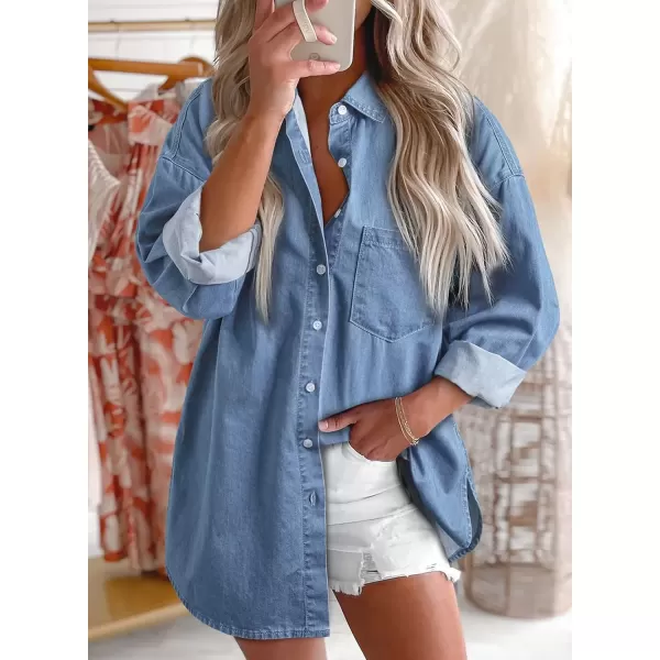 imageAstylish Women Denim Shirts Button Down Blouse Long Sleeve V Neck Casual TopsBeau Blue