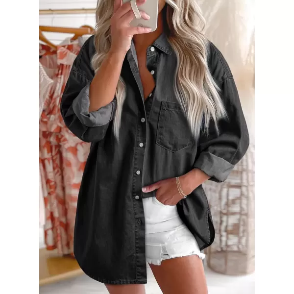 imageAstylish Women Denim Shirts Button Down Blouse Long Sleeve V Neck Casual TopsBlack