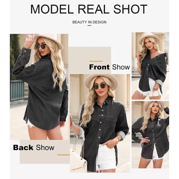 imageAstylish Women Denim Shirts Button Down Blouse Long Sleeve V Neck Casual TopsBlack