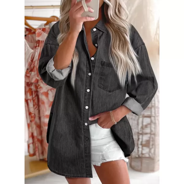 imageAstylish Women Denim Shirts Button Down Blouse Long Sleeve V Neck Casual TopsDark Grey