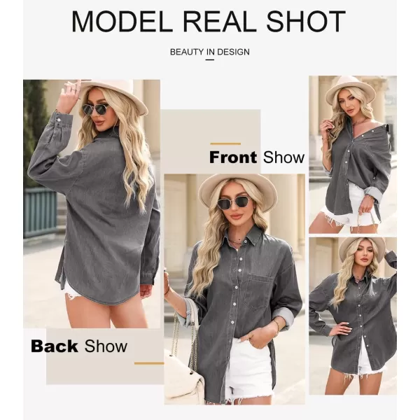imageAstylish Women Denim Shirts Button Down Blouse Long Sleeve V Neck Casual TopsLight Grey