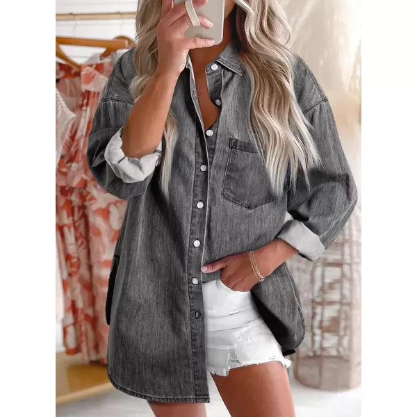 imageAstylish Women Denim Shirts Button Down Blouse Long Sleeve V Neck Casual TopsLight Grey