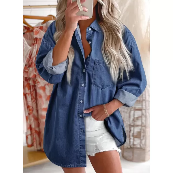 imageAstylish Women Denim Shirts Button Down Blouse Long Sleeve V Neck Casual TopsNavy Blue