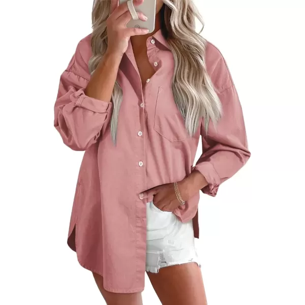 imageAstylish Women Denim Shirts Button Down Blouse Long Sleeve V Neck Casual TopsT Peach Blossom