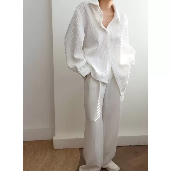 imageAstylish Women Long Lantern Sleeve Shirts Cable Textured V Neck Button Down Tops Casual Oversized BlouseA White