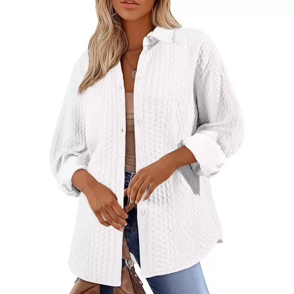 imageAstylish Women Long Lantern Sleeve Shirts Cable Textured V Neck Button Down Tops Casual Oversized BlouseA White