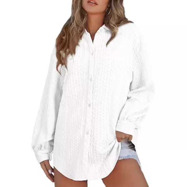imageAstylish Women Long Lantern Sleeve Shirts Cable Textured V Neck Button Down Tops Casual Oversized BlouseA White