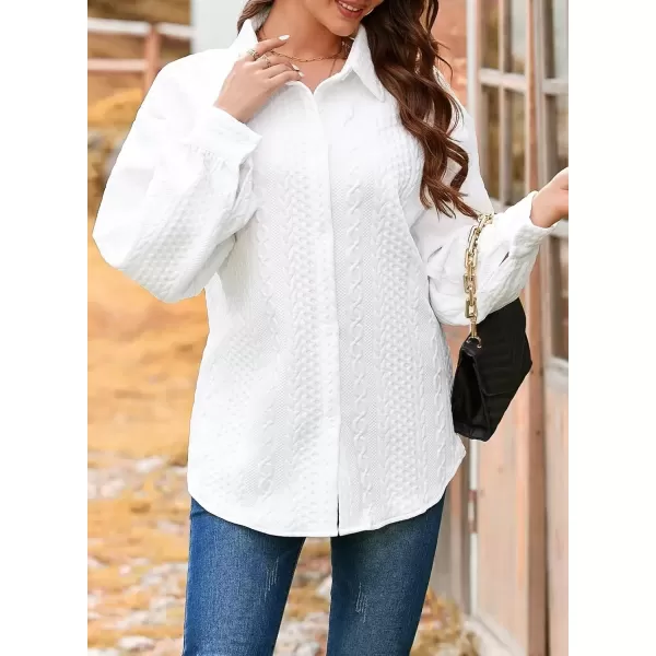imageAstylish Women Long Lantern Sleeve Shirts Cable Textured V Neck Button Down Tops Casual Oversized BlouseA White